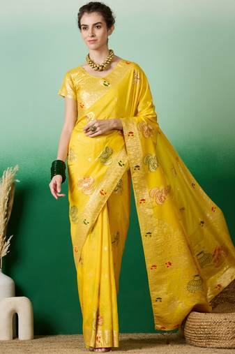 yellow Banarasi Dola Cotton Saree with Blouse