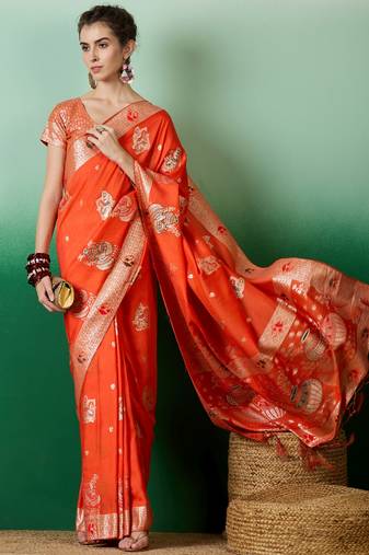 orange Banarasi Dola Cotton Saree with Blouse