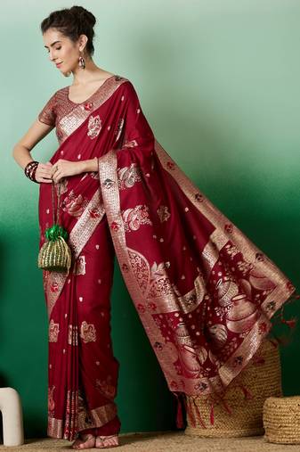 maroon Banarasi Dola Cotton Saree with Blouse