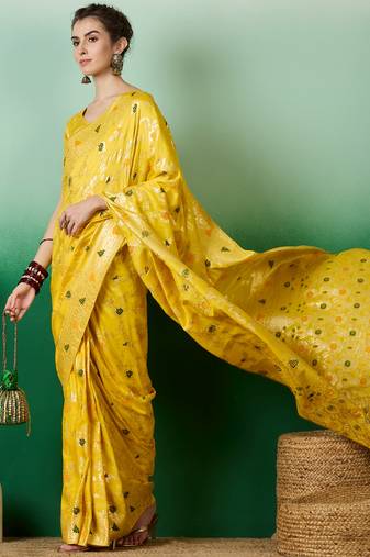 yellow Banarasi Dola Cotton Saree with Blouse