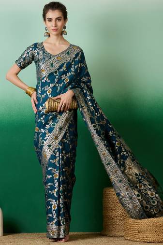 teal Banarasi Dola Cotton Saree with Blouse