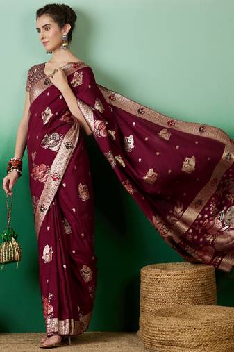wine Banarasi Dola Cotton Saree with Blouse