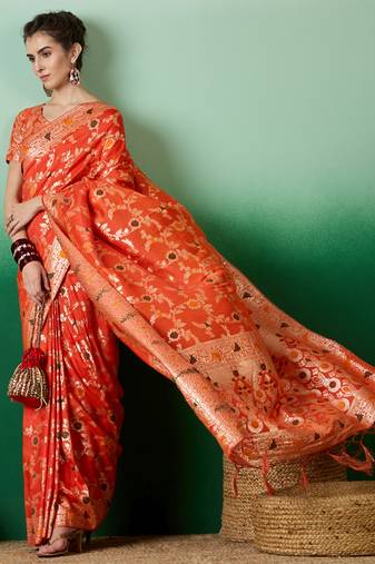 orange Banarasi Dola Cotton Saree with Blouse