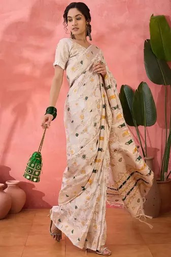 cream Banarasi Dola Cotton Saree with Blouse