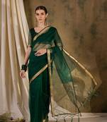 green Plain Organza silk blend Saree with Blouse
