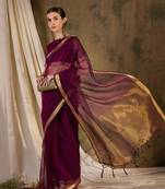 wine Plain Organza silk blend Saree with Blouse