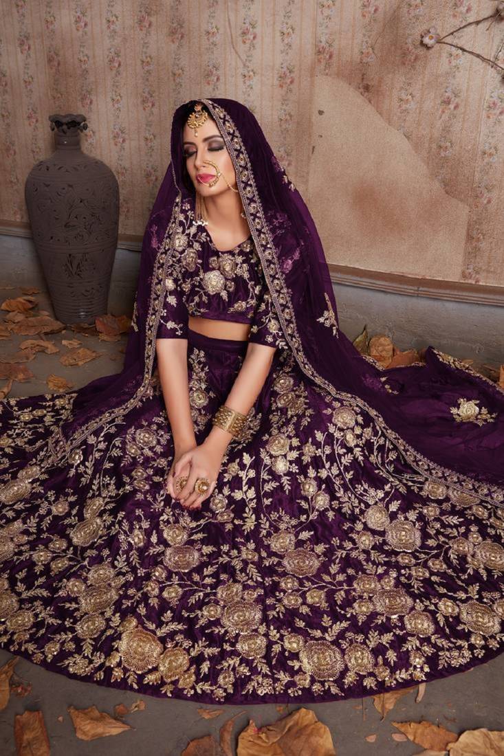 Wine Dori And Sequins Embroidered Velvet silk blend Semi Stitched Bridal Lehenga For Wedding