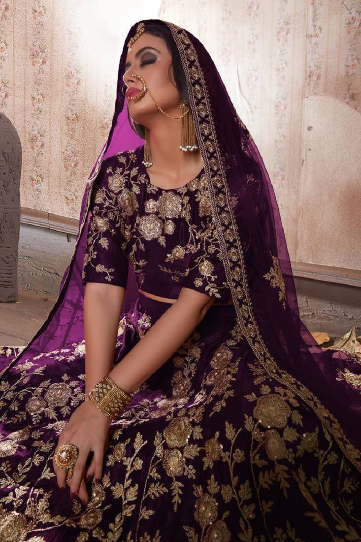 Wine Dori And Sequins Embroidered Velvet silk blend Semi Stitched Bridal Lehenga For Wedding