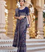 navy blue printed patola silk blend saree