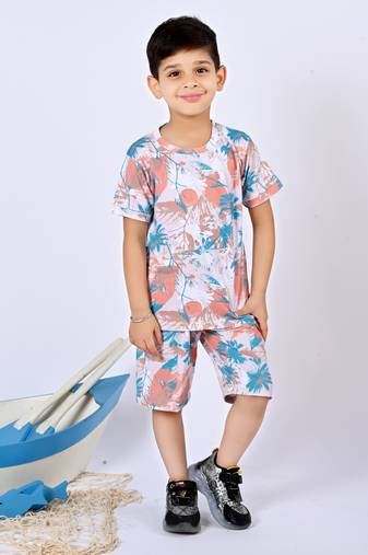 Multicolour cotton knitted tropical printed half sleeves t-shirt & shorts set for boys