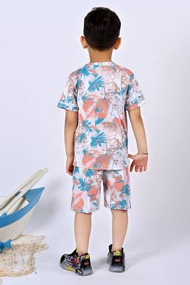 Multicolour cotton knitted tropical printed half sleeves t-shirt & shorts set for boys 2