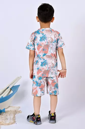 Multicolour cotton knitted tropical printed half sleeves t-shirt & shorts set for boys