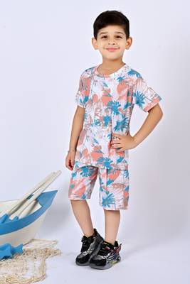 Multicolour cotton knitted tropical printed half sleeves t-shirt & shorts set for boys 3