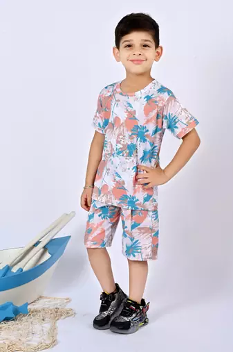Multicolour cotton knitted tropical printed half sleeves t-shirt & shorts set for boys