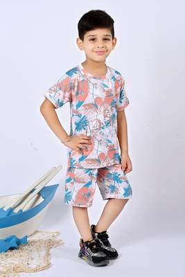 Multicolour cotton knitted tropical printed half sleeves t-shirt & shorts set for boys 4