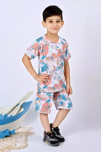Multicolour cotton knitted tropical printed half sleeves t-shirt & shorts set for boys