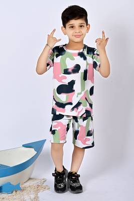 green pink cotton knitted abstract printed half sleeves t shirt and shorts set for boys 1