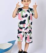 green pink cotton knitted abstract printed half sleeves t shirt and shorts set for boys