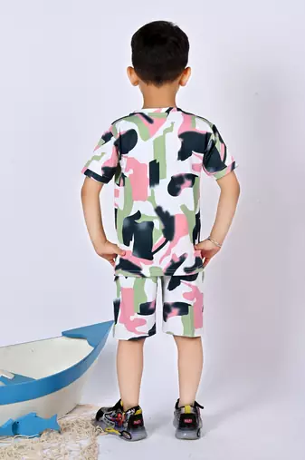 green pink cotton knitted abstract printed half sleeves t shirt and shorts set for boys