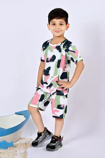 green pink cotton knitted abstract printed half sleeves t shirt and shorts set for boys