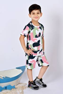 green pink cotton knitted abstract printed half sleeves t shirt and shorts set for boys 4