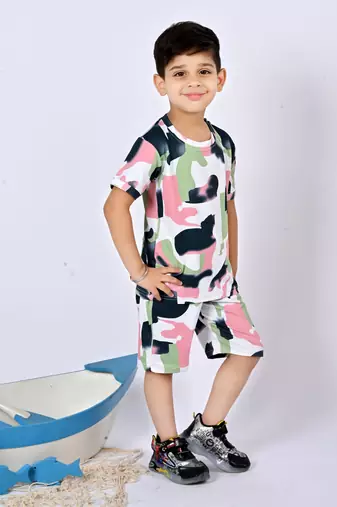green pink cotton knitted abstract printed half sleeves t shirt and shorts set for boys