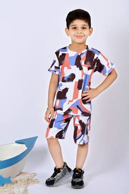 peach blue cotton knitted abstract printed half sleeves t shirt and shorts set for boys 1