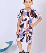 peach blue cotton knitted abstract printed half sleeves t shirt and shorts set for boys