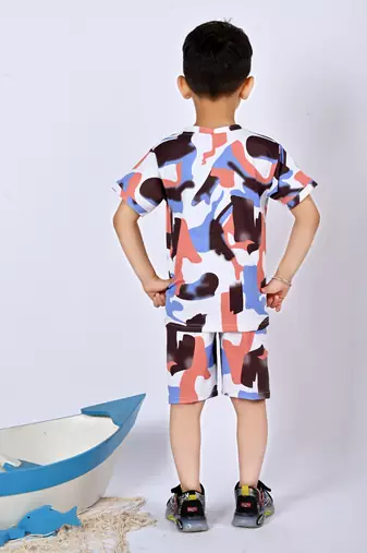 peach blue cotton knitted abstract printed half sleeves t shirt and shorts set for boys