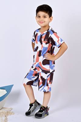 peach blue cotton knitted abstract printed half sleeves t shirt and shorts set for boys 3
