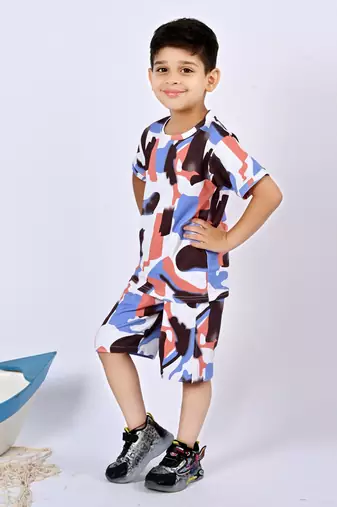 peach blue cotton knitted abstract printed half sleeves t shirt and shorts set for boys