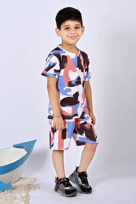 peach blue cotton knitted abstract printed half sleeves t shirt and shorts set for boys 4