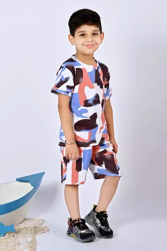 peach blue cotton knitted abstract printed half sleeves t shirt and shorts set for boys