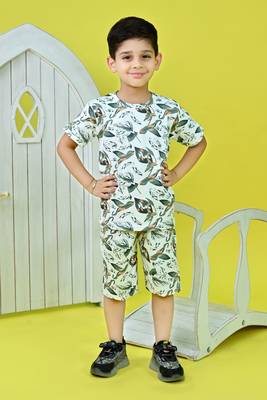 green cotton knitted tropical printed half sleeves t shirt and shorts set for boys 1