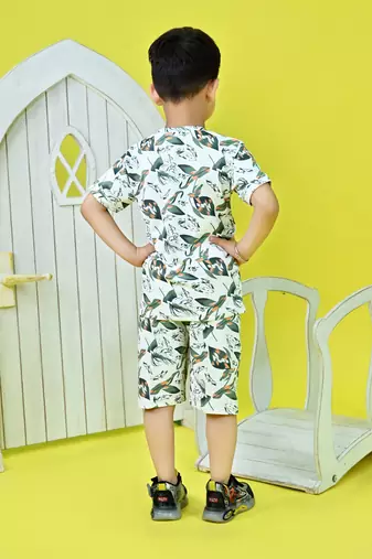 green cotton knitted tropical printed half sleeves t shirt and shorts set for boys