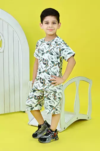 green cotton knitted tropical printed half sleeves t shirt and shorts set for boys