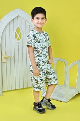 green cotton knitted tropical printed half sleeves t shirt and shorts set for boys 4