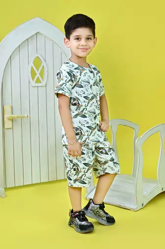 green cotton knitted tropical printed half sleeves t shirt and shorts set for boys