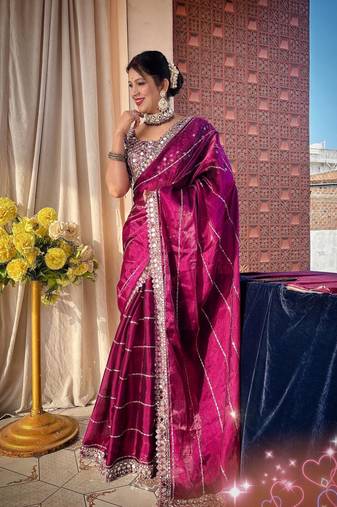 rani pink jimmy chu sequin mirror work saree with unstitched blouse