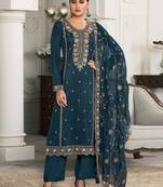 Aqua blue silk thread embroidered salwar suit