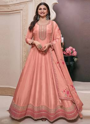Peach silk embroidered designer anarkali suit 1