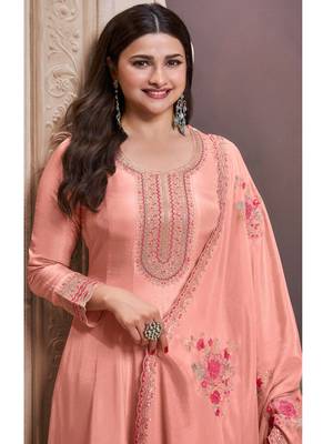 Peach silk embroidered designer anarkali suit 2
