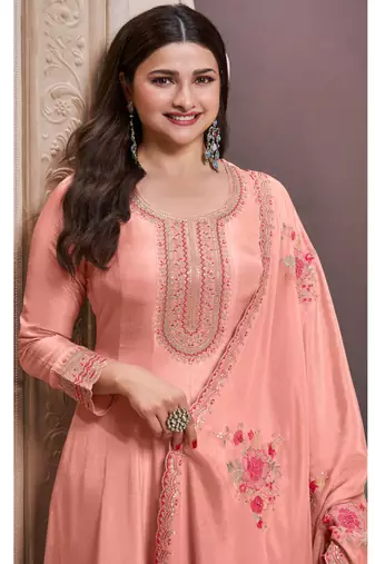 Peach silk embroidered designer anarkali suit