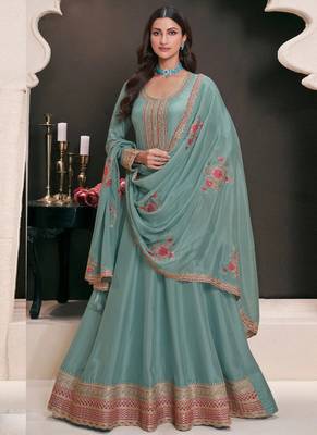 Turquoise silk embroidered designer anarkali suit 1
