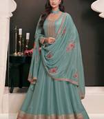 Turquoise silk embroidered designer anarkali suit