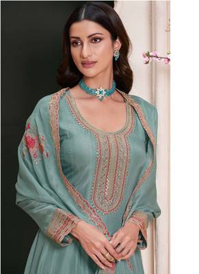 Turquoise silk embroidered designer anarkali suit 2