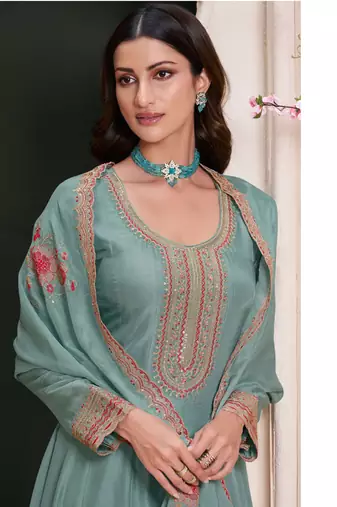 Turquoise silk embroidered designer anarkali suit