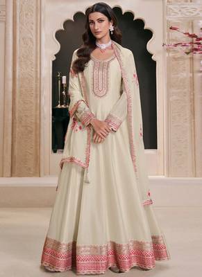 Off white silk embroidered designer anarkali suit 1