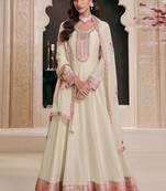 Off white silk embroidered designer anarkali suit