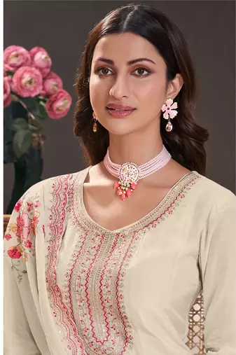 Off white silk embroidered designer anarkali suit